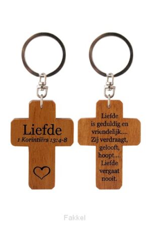 Sleutelhanger kruis hout Liefde 1 kor 13