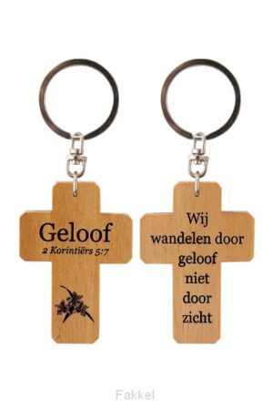 Sleutelhanger kruis hout Geloof 2 kor 5: