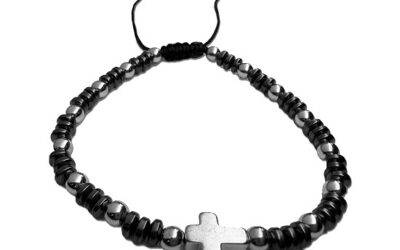Kralenarmband small grijs/zilv met kruis
