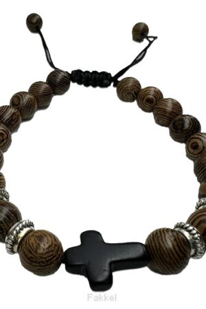 Kralen armband heren bruin met kruisje