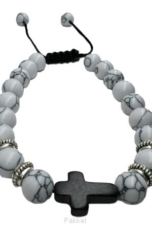 Kralen armband heren wit met kruisje