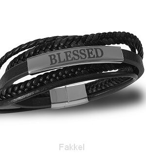 Armband leer blessed zwart 22cm