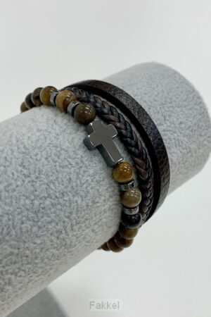 Armband leer/kralen kruisje bruin 21cm