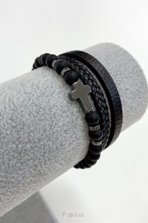 Armband leer/kralen kruisje zwart 19cm