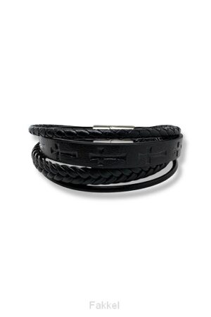 Leren armband diepdruk kruisjes zwart 2