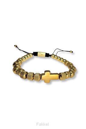 Armband RVS kralen/kruisje goud