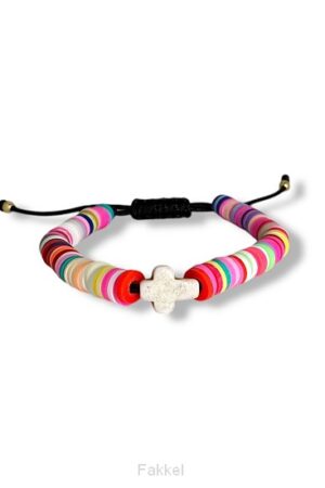 Trekkoord armband gekleurde kralen roze